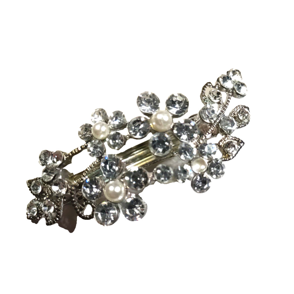 Hair Barrette Tension Clip Clear Rhinestone Faux Pearls Wedding Pageant Party